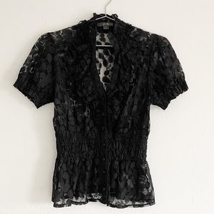 Black Floral Print Short Sleeve Lace Top Blouse